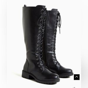 Torrid black faux leather lace up knee-high black combat boots 10WW Wide 10W